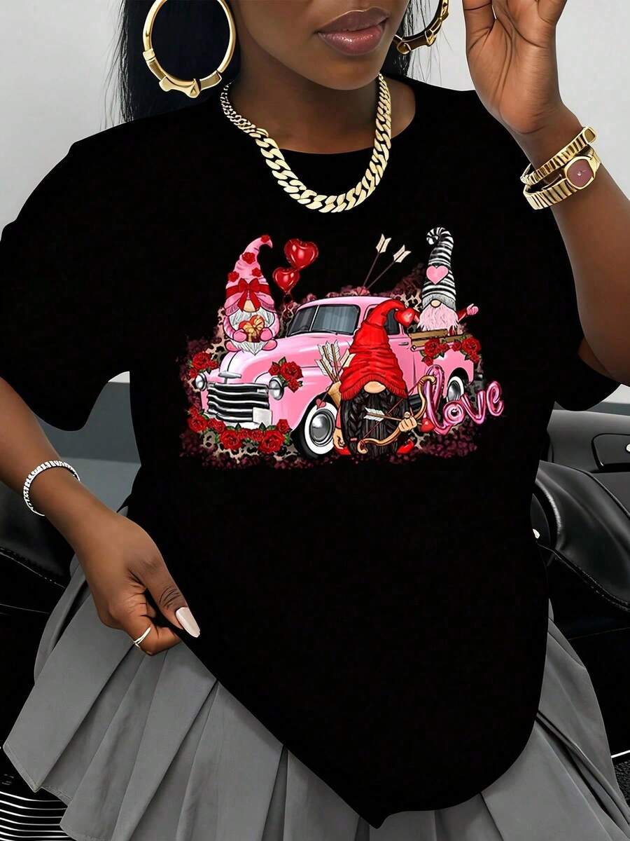 Gnomos Enamorados 4Pink Truck Camiseta con Estampado de Pareja de Gnomos de San Valentín para Mujer, Regalo Romántico para el Día de San Valentín, Top de Moda Romántica - Negro - Ver 1
