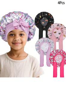 Awegeo 1Pc/4Pcs Children's Printed Silky Satin Tie-Up Sleep Cap – Fashionable & Comfortable, Breathable & Non-Slip, Suitable For Daily Hair Care - Multicolor - View 8