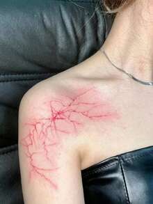 1 Pc Edgy Red Lightning Temporary Tattoo, Waterproof Long Lasting Fake Tattoo, Grunge Bold Body Art For Shoulders & Body - Multicolor - View 4