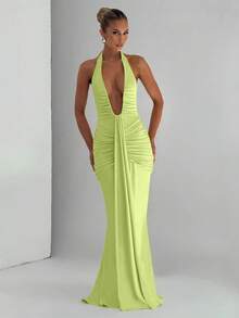 Vestido largo plisado cuello V profundo espalda descubierta ajustado sexy estilo europeo moda verano - Verde - Ver 10