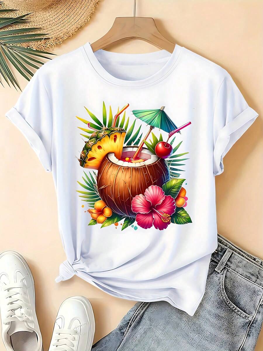 Women's 100% Cotton Black T-Shirt With Colorful Tropical Cocktail Print Featuring Coconut, Pineapple, And Hibiscus Flower; Comfortable And Breathable Casual Summer Beach Style - 白色 - 查看 1