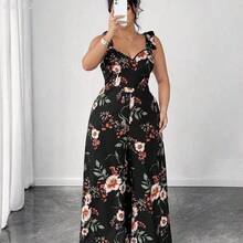 xuehuamaoyi02  Mono de pierna ancha casual y romántico con lazo para vacaciones en talla grande - Beis - Ver 5