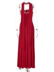 Women's Elegant Fashion Party Dress, Fitted Plain, Open Back, Floating Ribbon, European Style, New - Red - View 7