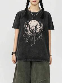 Camiseta Vintage de Mujer con Estampado de Murciélago - Tejido Suave Lavado con Diseño Bio de Murciélago, Cuello Redondo, Blusa Casual para Atuendos de Todas las Estaciones, Lavable a Máquin - Negro - Ver 1