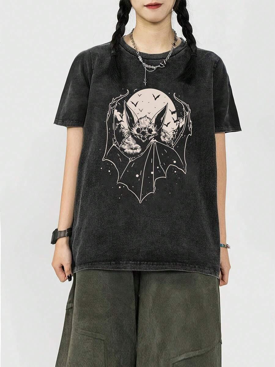 Camiseta Vintage de Mujer con Estampado de Murciélago - Tejido Suave Lavado con Diseño Bio de Murciélago, Cuello Redondo, Blusa Casual para Atuendos de Todas las Estaciones, Lavable a Máquin - Negro - Ver 1