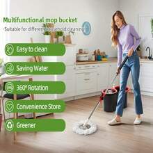 Set Of Spin Mop And Bucket, Designed For Bathroom Use, Suitable For School Restrooms, Featuring A 360° Spinning Mop Bucket System That Includes Three Microfiber Mop Replacement Heads And An Adjustable Handle For Effective Floor Cleaning - 黑色和紅色折疊 - 查看 3