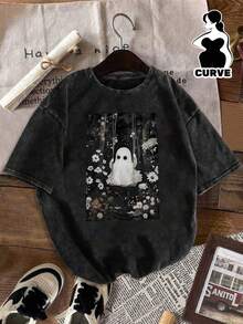 Women's Vintage Washed T-Shirt - Oversized Casual Crew Neck Short Sleeve Cherry Blossom Inspired Style, Distressed Texture - Cute Kawaii Gothic Design - 黑色 - 查看 1