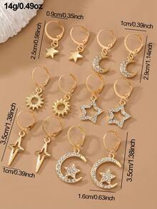 Juego de 6 piezas/Set de pendientes con colgante de estrella y luna de strass para niñas, adecuado para decoración diaria - Dorado - Ver 5