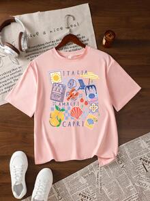 Kaos Motif Pantai Italia Ukuran Besar Wanita Longgar Leher Bulat Lengan Pendek Motif Lemon & Makanan Laut Desain Kasual Atasan Merah Muda Musim Panas - Berwarna merah muda - View 2