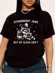Camiseta de Mujer Talla Grande con Estampado de Mapaches y Fresas, 1 Pieza, Divertida, de Gran Tamaño, con Gráficos, Manga Corta, Novedosa, 100% Algodón, Cuello Redondo Casual, 220g - Negro - Ver 1