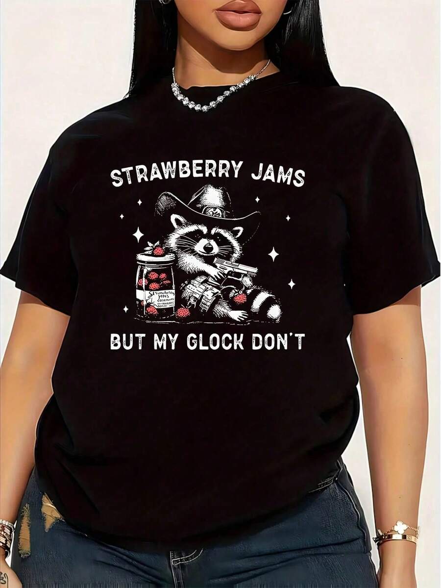 Camiseta de Mujer Talla Grande con Estampado de Mapaches y Fresas, 1 Pieza, Divertida, de Gran Tamaño, con Gráficos, Manga Corta, Novedosa, 100% Algodón, Cuello Redondo Casual, 220g - Negro - Ver 1