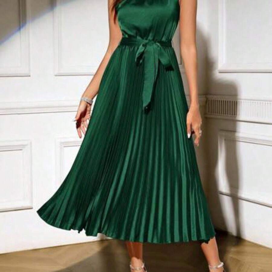 Clasi Vestido midi elegante de mujer de cuello redondo, sin mangas, plisado en el bajo, de unicolor - Verde - Ver 1