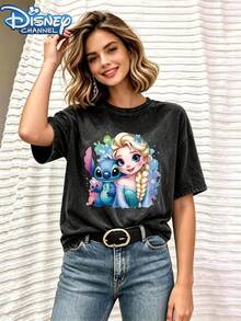 Frozen And Stitch Cartoon Print Pattern, Lightweight Cotton Fabric, Women's Casual Wear, Summer Women's Short Sleeve T-Shirt - Black - View 2
