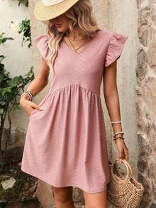 REFRESH YOUR WARDROBE NOW! French-Style Day Dress, V-Neck, Short Sleeves With Romantic Ruffles, Wide And Flowing Skirt, The Essence Of Country Chic For Walks In The Sun - 白色 - 查看 5