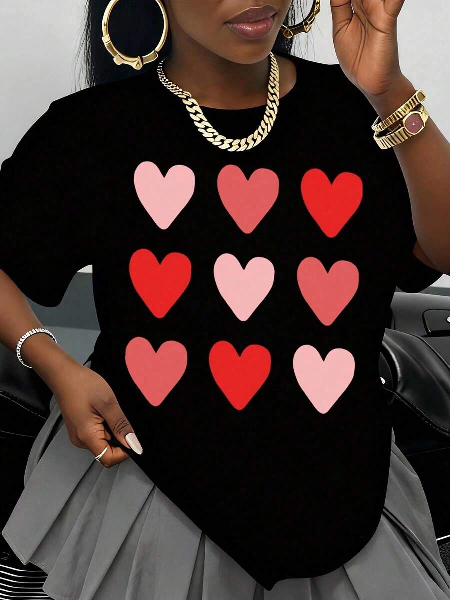 Women's Heart Print T-Shirt, Casual Short Sleeve Top, Valentine's Day Gift, Wearable Art, Fashion Statement, Unisex T-Shirt - 黑色 - 查看 1