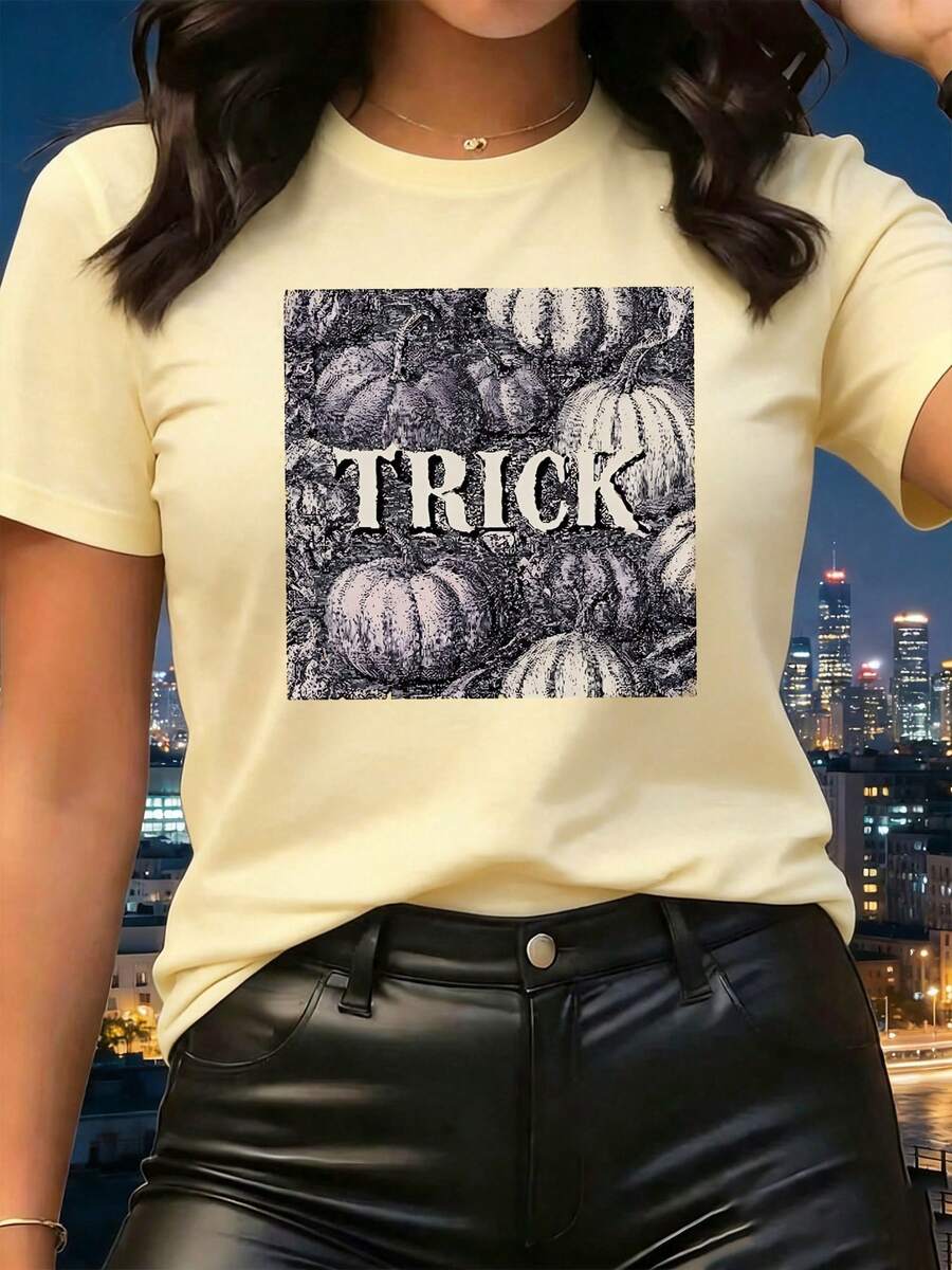 Women's T-Shirt, Trick Pumpkins Or, Comfortable Wear - Khaki - View 1