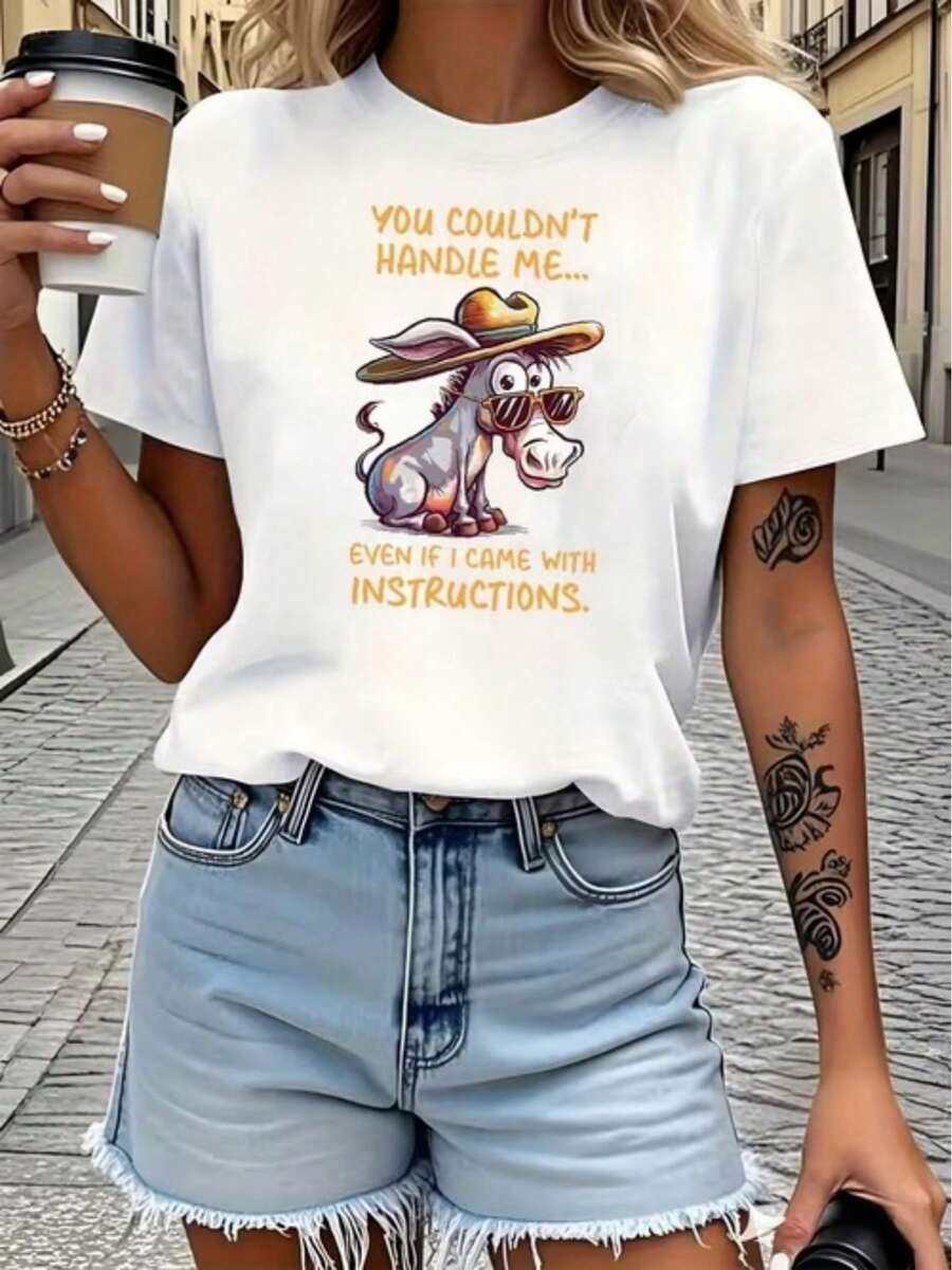 Camiseta de Mujer, Top Casual Simple, Camiseta con Estampado de Perra Divertida con Lema y Sombrero, Adecuada para Actividades Diarias Casuales y Vacaciones - Blanco - Ver 1