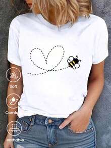 Women's White T-Shirt, Round Neck, With Bee And Heart Print In A Dashed Line, Short Sleeves, Casual For Everyday Wear - 白色 - 查看 1