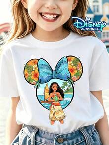 Disney Licensed Moana Sailing Boat Kids Cotton T-Shirt, Boys Girls, Birthday Party Photo Tee, Summer Casual Wear, Daily Vacation Outdoor, Kids Gift. - 白色 - 查看 1