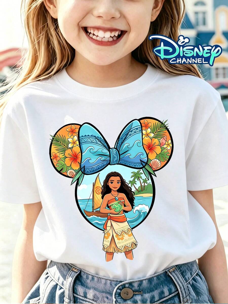 Disney Licensed Moana Sailing Boat Kids Cotton T-Shirt, Boys Girls, Birthday Party Photo Tee, Summer Casual Wear, Daily Vacation Outdoor, Kids Gift. - 白色 - 查看 1