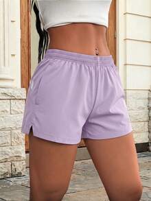 1pc Women's Summer Sports Printed Bow Shorts, Elastic Waist Drawstring Running Pants, Suitable For Indoor Fitness And Outdoor Running - Mauve Purple - View 3