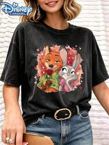 Zootopia Nick And Judy Couple Print Pattern Black Washed Pure Cotton T-Shirt - 黑色 - 查看 1