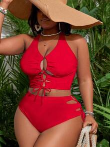 Conjunto de bikini de talla con parte superior con lazo delantero y Bottom de un color para el verano - Rojo - Ver 1