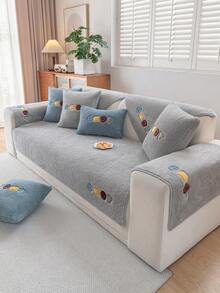 1Pc Embroidered Sherpa Sofa Cover, Soft Plush Couch Protector, Non-Slip & Washable Furniture Slipcover For Living Roomfor 1/2/3/4-Seater Sofa - Grey - View 4