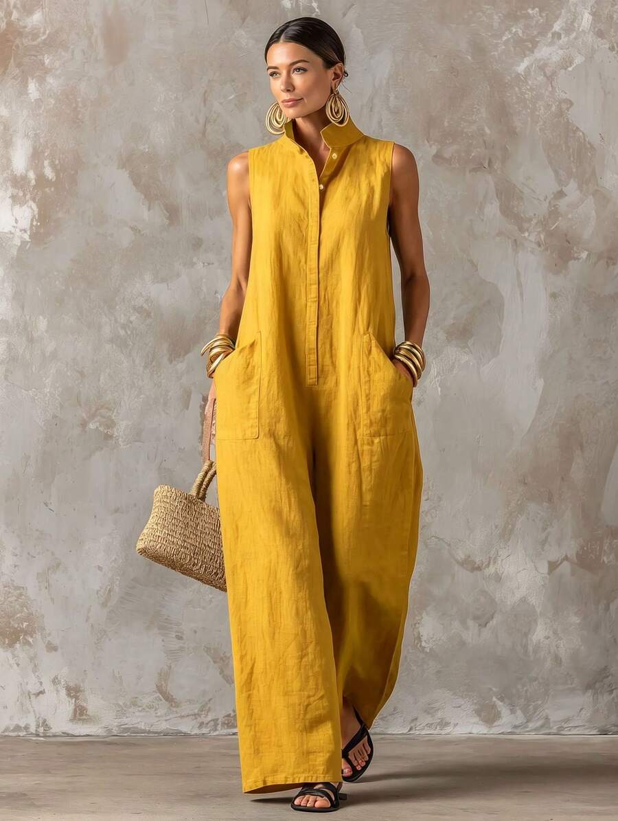 Women's Sleeveless Collared Button Front Top And Wide Leg Pants Two Piece Set Casual Linen Blend Outfit Collection - 黃色 - 查看 1