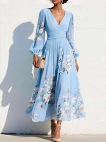 Elegant Women's Dress With Floral Pattern, Pleated Texture, And Flowing Cut - 藍色 - 查看 1