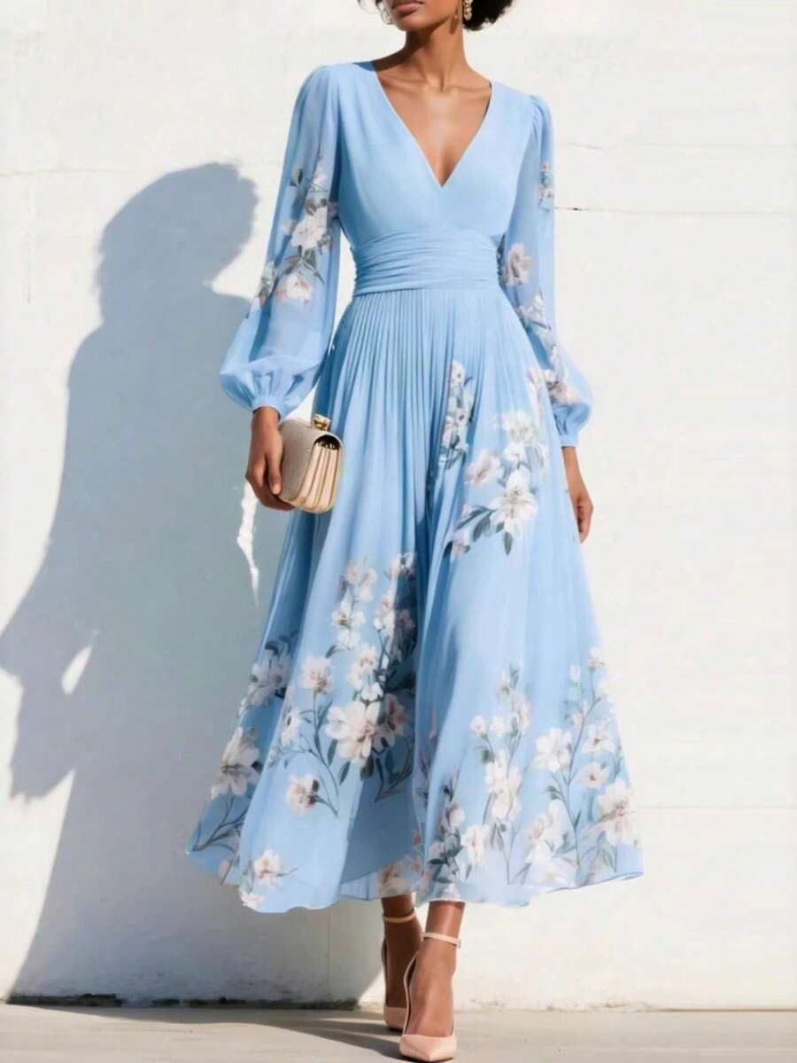 Elegant Women's Dress With Floral Pattern, Pleated Texture, And Flowing Cut - 藍色 - 查看 1