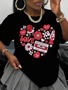 Camiseta con Estampado de Corazón, Diseño de Cinta de Casete Retro y Flores para el Día de San Valentín, Romántica y Linda, Camiseta Blanca para Mujer - Negro - Ver 1