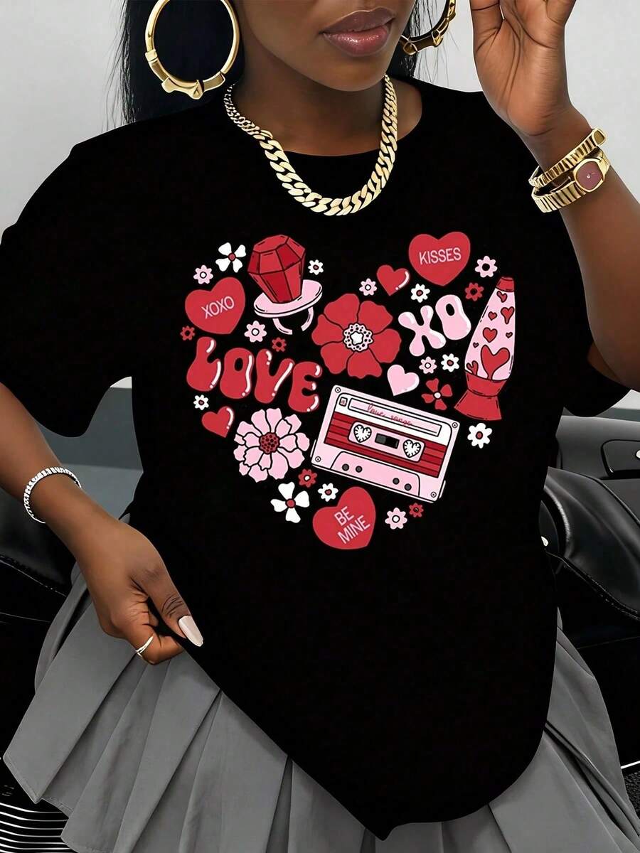 Camiseta con Estampado de Corazón, Diseño de Cinta de Casete Retro y Flores para el Día de San Valentín, Romántica y Linda, Camiseta Blanca para Mujer - Negro - Ver 1
