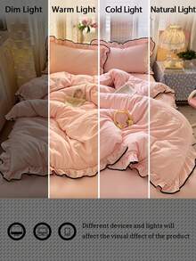 Juego de ropa de cama estilo princesa con volantes y ribete negro (1 Edredón + 2 Fundas de almohada), tela 100% poliéster suave y cómoda, adecuado para dormitorio, habitación de invitados, excelente como regalo - Albaricoque - Ver 11