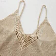 xuehuamaoyi02  Holidaya Nuevos vestidos de verano para mujer, vestido maxi de punto calado beige - tirantes finos, escote en V, patrón de encaje en capas, cintura ajustada, - Blanco - Ver 9