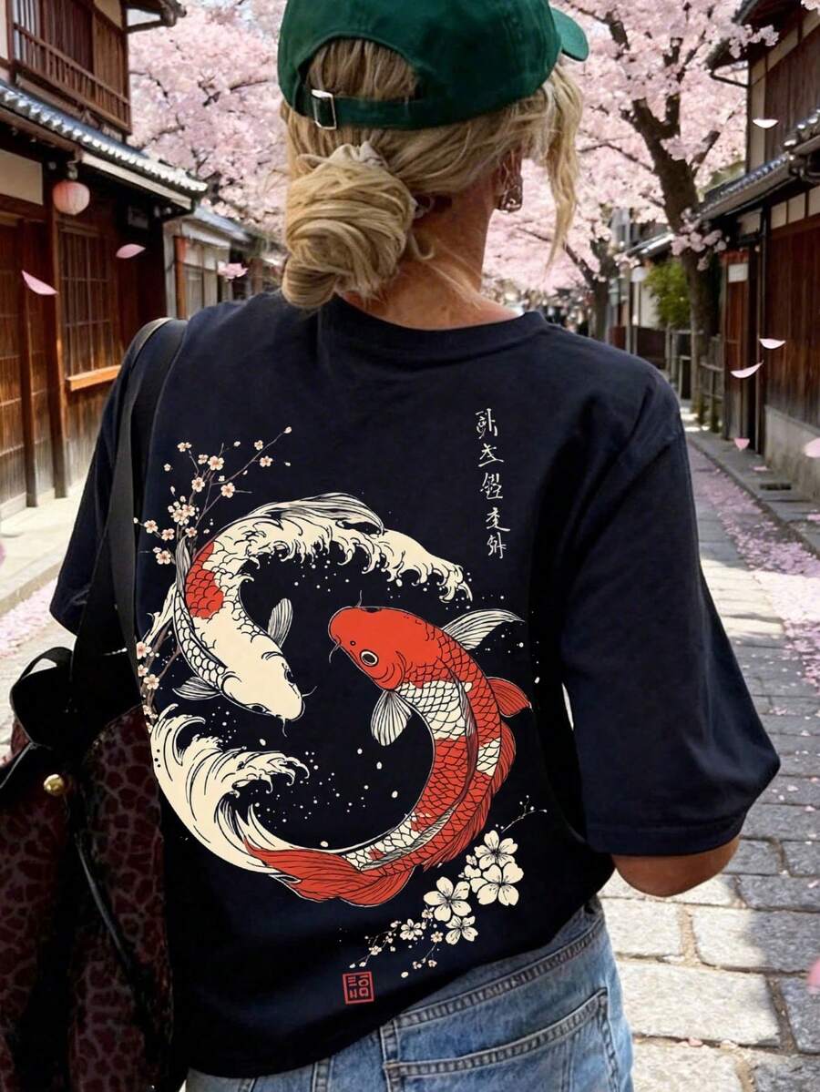 1 Piece Of Women's Summer T-Shirt With Round Neck And Short Sleeves, Japanese Koi Fish And Cherry Blossom Print, Loose Casual Blouse, Suitable For Summer, Beach, Street Wear - 黑色 - 查看 1