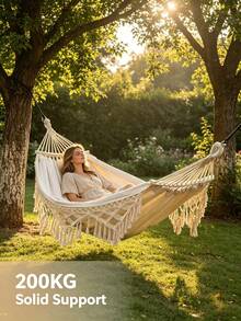 1pc Double Bohemian Tassel Style Hammock, Heavy Duty, Made Of Comfortable Soft Fabric. Includes Thickened Rope And Storage Bag, Perfect For Garden Beach, Summer Outdoor Camping And Camping Use, Essential Camping Gear, Camping Must-Have - Multicolor 3 - View 7