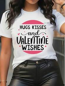 Damen Kurzarm T-Shirt aus reiner Baumwolle mit Valentinstag Umarmungen Küsse Muster, lässig, locker geschnitten, Rundhals Top - Weiss - Übersicht 6