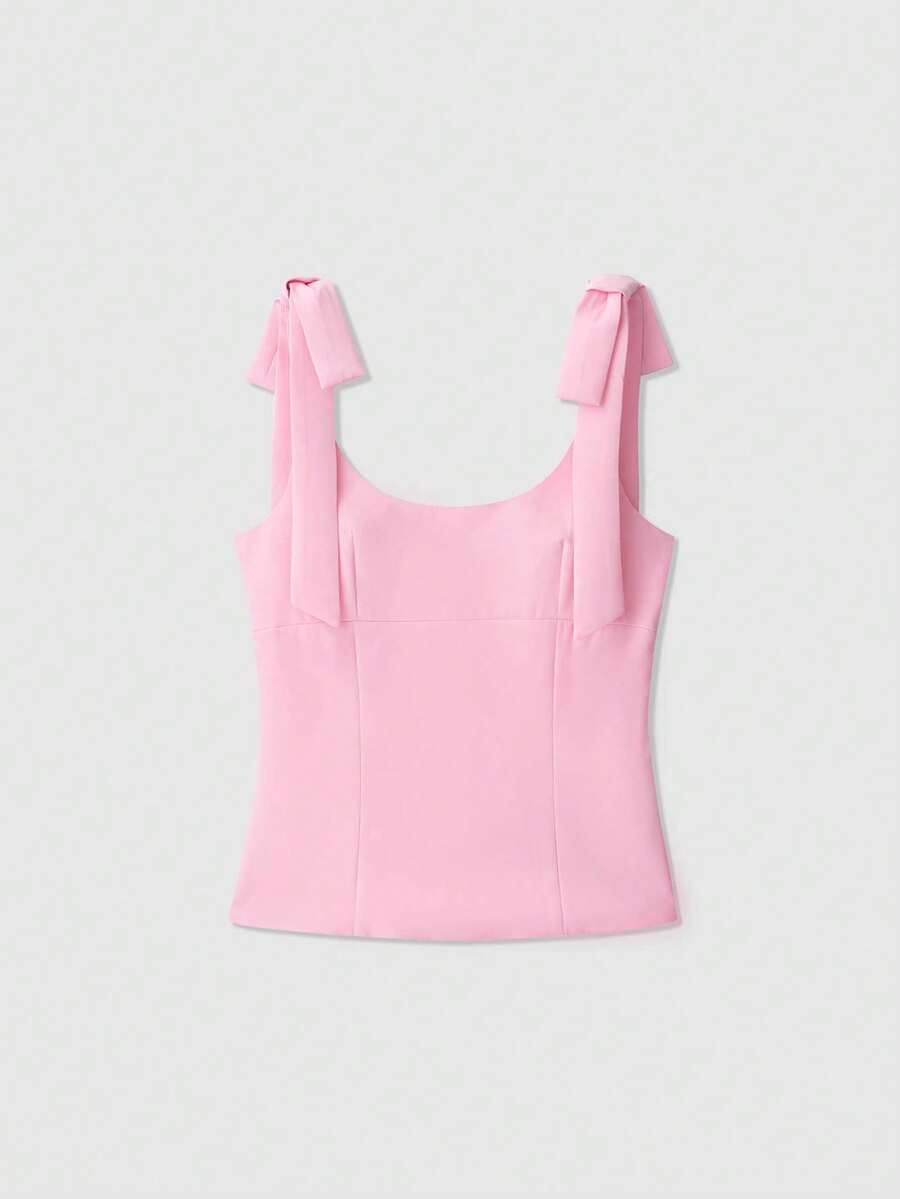 Blusa sin mangas de unicolor con decoración de lazo para verano - Rosa - Ver 1