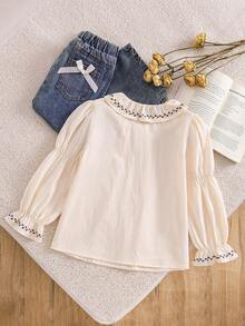 Tween Girls Peter Pan Collar Preppy Style Long Sleeve Thin Blouse Autumn - Apricot - View 2