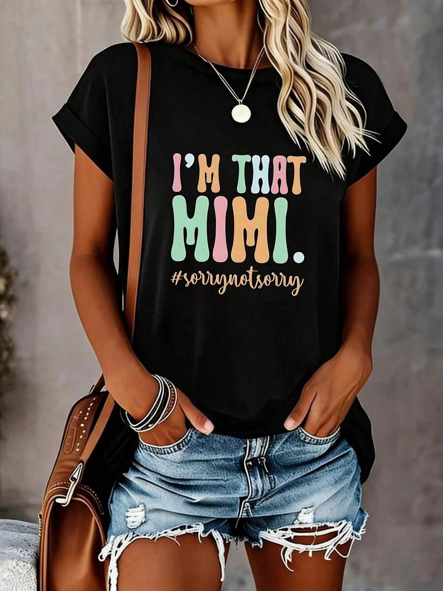 I'm That MIMI Women's Plus Size Short Sleeve T-Shirt, Round Neck, Novelty Design, Casual, Fun, Graphic Print, 100% Polyester, 1 Piece, 220g - 黑色 - 查看 1
