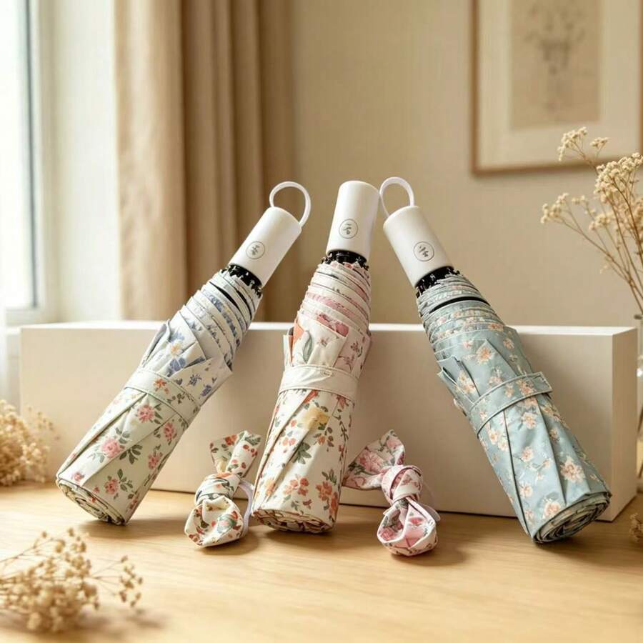 French-Style Floral Full-Automatic Sunny And Rainy Dual-Purpose Folding Sunscreen UV Shade High-Value Umbrella For Girls - Automatic Floral Print - View 1