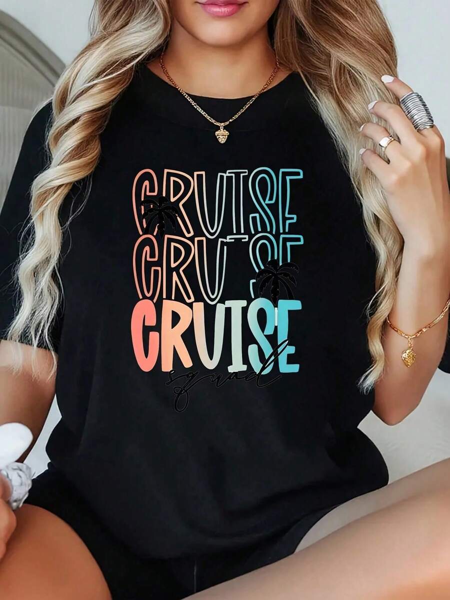 1 Camiseta de Talla Grande para Mujer Cruise Squad 2023, Camiseta Gráfica Oversize de Manga Corta 220g, Novedosa, 100% Poliéster, Cuello Redondo Casual - Negro - Ver 1