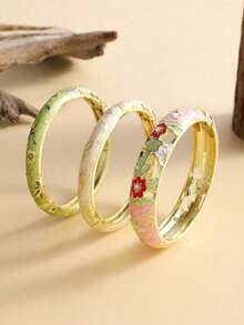 3/2pcs 1 Set Fashion Vintage Style Floral Pattern Enamel Gold Bracelet, Suitable For Women's Daily Wear - Multicolor - View 10