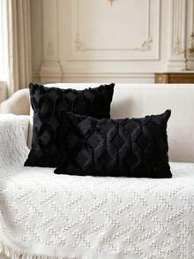 Miater 1pc Ins Solid Color 3D Rhombus Plush Throw Pillow, Living Room Sofa Jacquard Cushion, Bedroom Bay Window Soft Backrest Pillow, Geometric Pattern Plush Embroidered Pillow Cover - Black - View 6