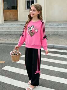 Conjunto de sudadera con cuello redondo y pantalón de chándal con estampado gráfico de corazón para niña preadolescente - Rosa Fucsia - Ver 1