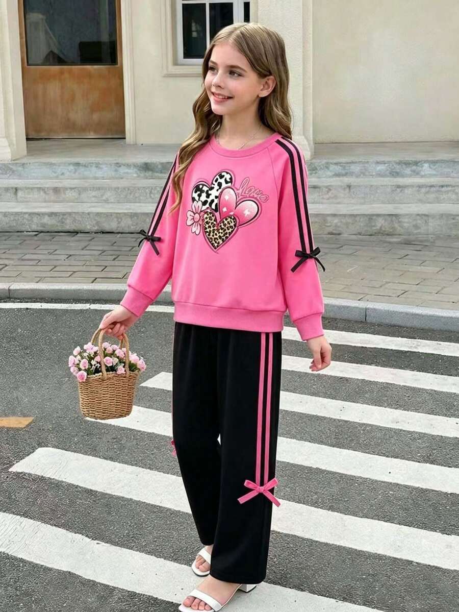 Conjunto de sudadera con cuello redondo y pantalón de chándal con estampado gráfico de corazón para niña preadolescente - Rosa Fucsia - Ver 1