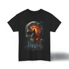Grim Reaper Skull T-Shirt, Gothic Horror T-Shirt, Dark Fantasy Occult Shirt, Metal Rock Clothing, Spooky Streetwear For Halloween - 彩色 - 查看 1