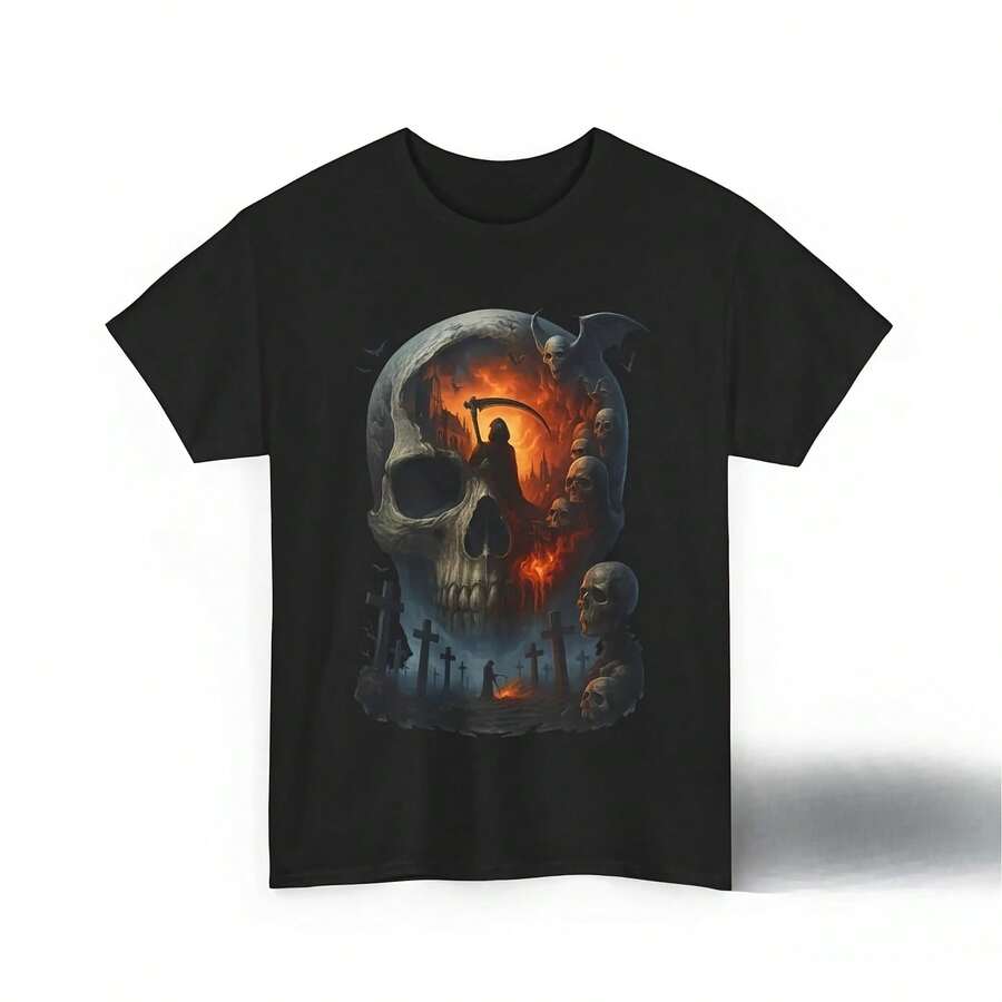 Grim Reaper Skull T-Shirt, Gothic Horror T-Shirt, Dark Fantasy Occult Shirt, Metal Rock Clothing, Spooky Streetwear For Halloween - 彩色 - 查看 1