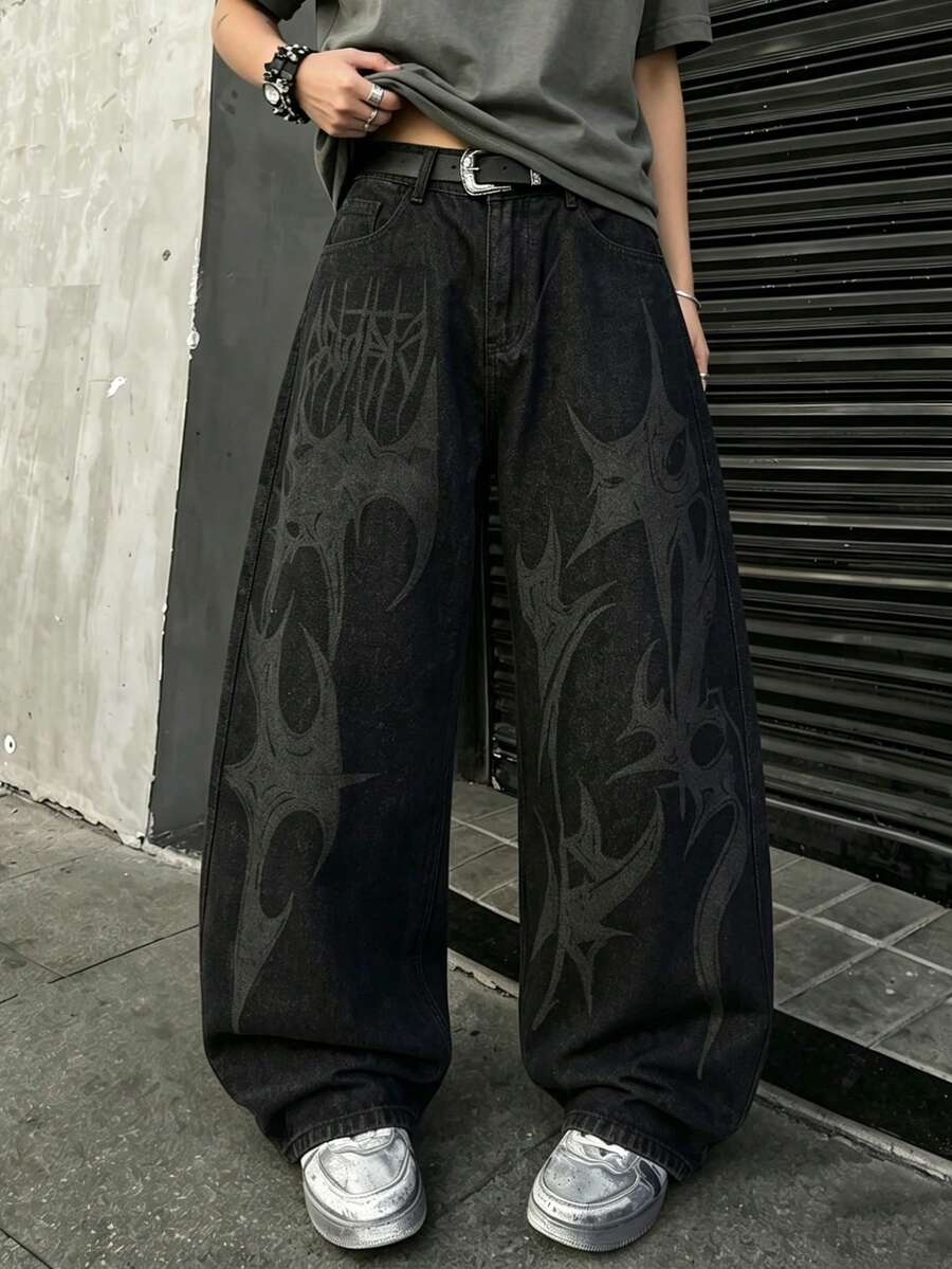 1件男士復古寬鬆寬腿牛仔長褲 深色圖案印花街頭風黑色休閒褲 - 黑色 - 查看 1